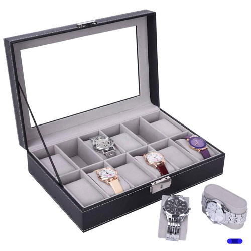Estuche Para Relojes Exhibidor Con Almohadillas 12 Espacios Color Gris.