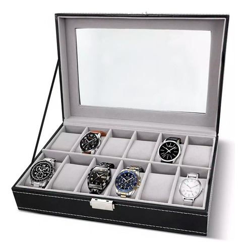 Estuche Para Relojes Exhibidor Con Almohadillas 12 Espacios Color Gris.