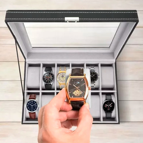 Estuche Para Relojes Exhibidor Con Almohadillas 12 Espacios Color Gris.