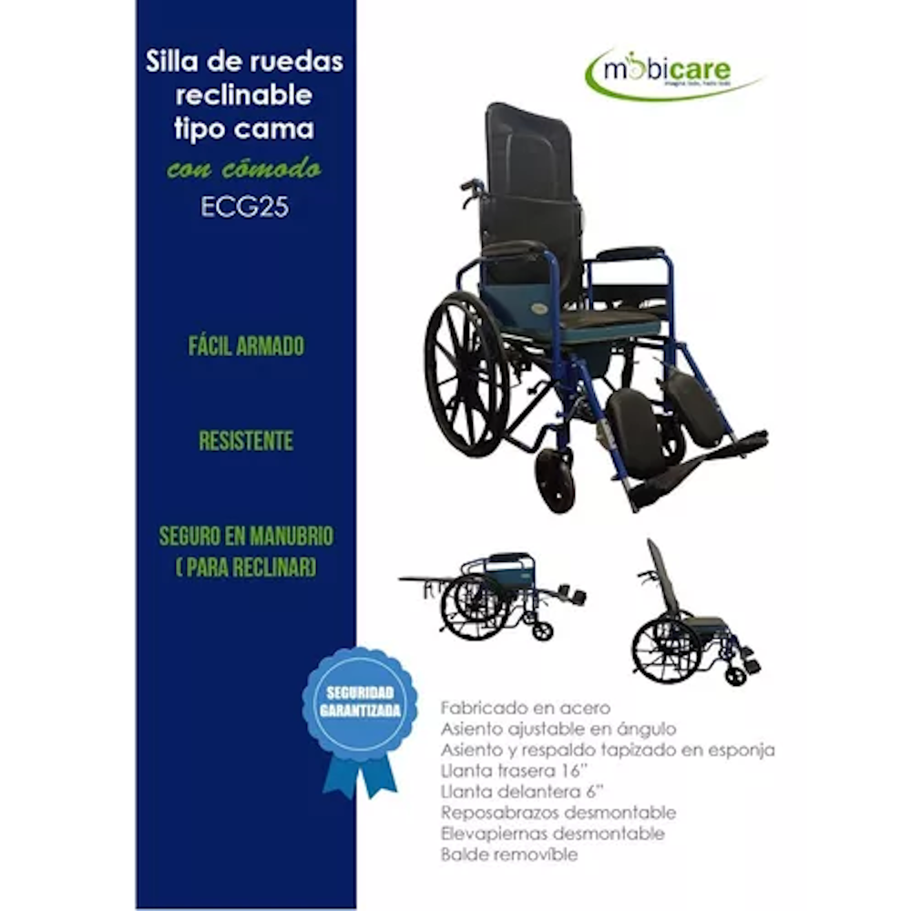 Silla Ruedas Reclinable Tipo Cama Acero C/comdo Mobicare.