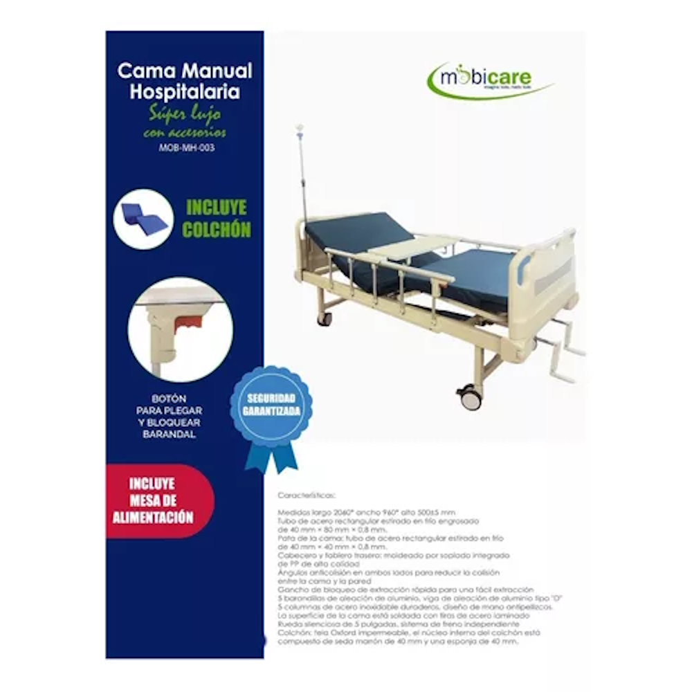 Cama Manual Hospitalaria Acero Tubular C/accesorios Mobicare