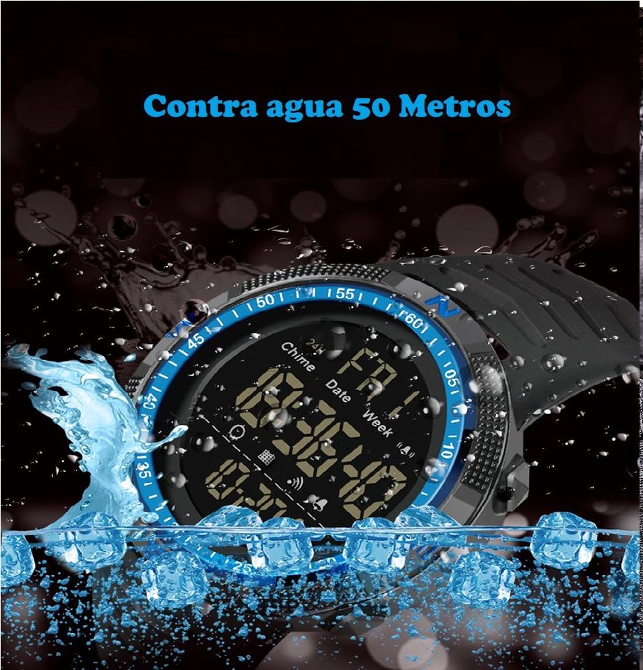 Reloj deportivo sumergible azul pulsera digital contra golpes alarma resistente agua led.