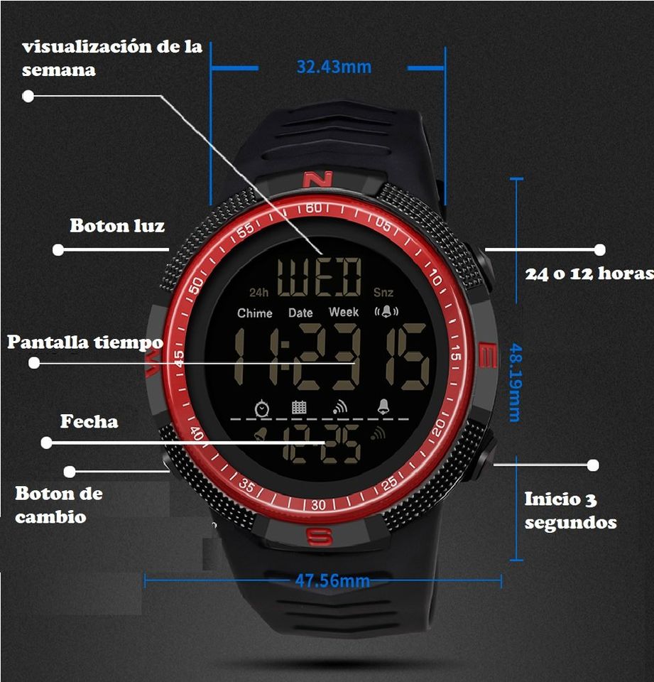 Reloj deportivo sumergible azul pulsera digital contra golpes alarma resistente agua led.
