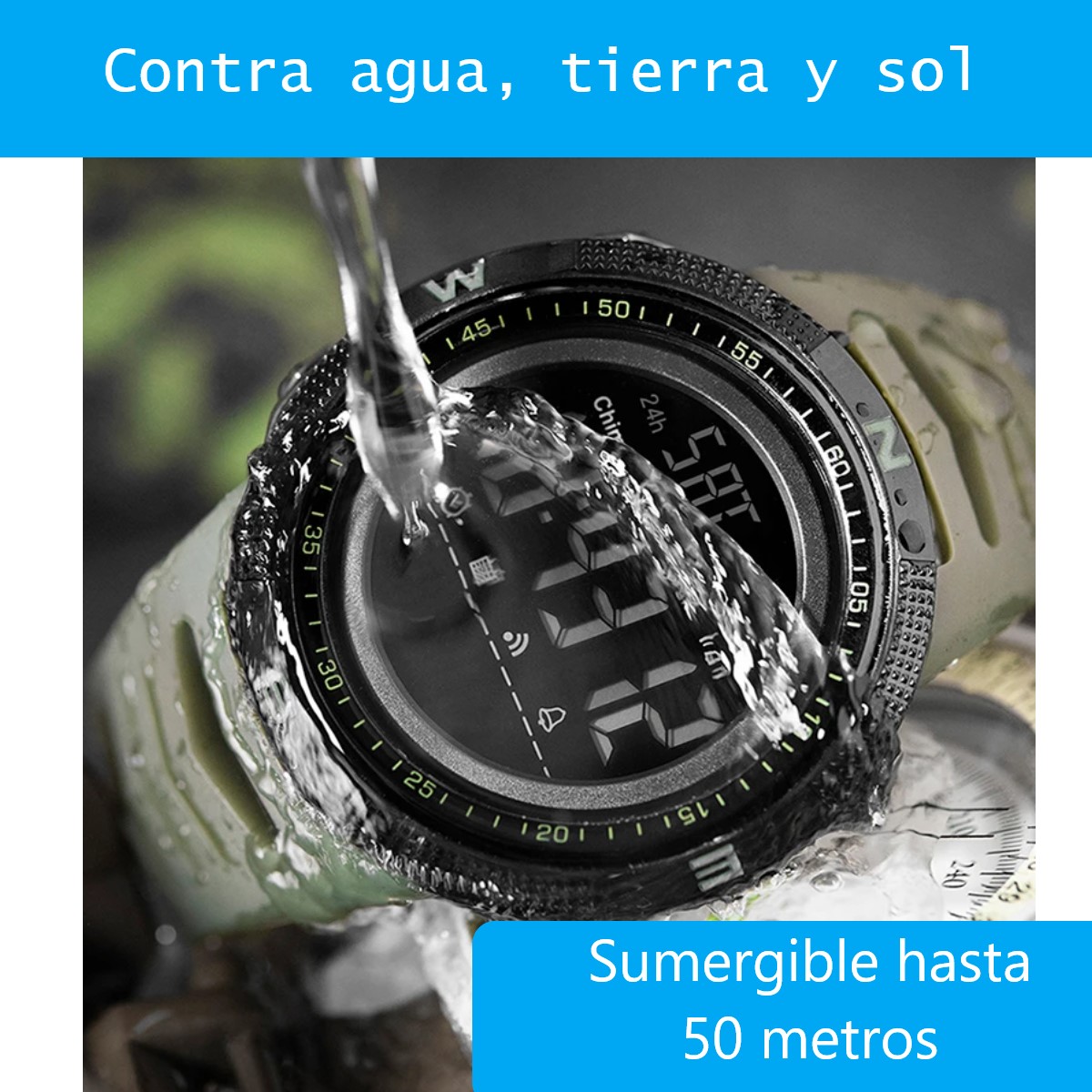 Reloj deportivo sumergible azul pulsera digital contra golpes alarma resistente agua led.