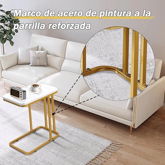 A Mesa Auxiliar Sofá, Mesa de Mármol Blanco de Doble Capa de Imitación, Adecuado para Mesas Auxiliares de Sofás en Salas de Estar y Dormitorios, Mesa de Sofá Impermeable con Estructura Metálica.