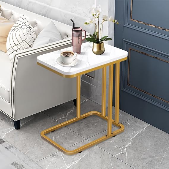 A Mesa Auxiliar Sofá, Mesa de Mármol Blanco de Doble Capa de Imitación, Adecuado para Mesas Auxiliares de Sofás en Salas de Estar y Dormitorios, Mesa de Sofá Impermeable con Estructura Metálica.