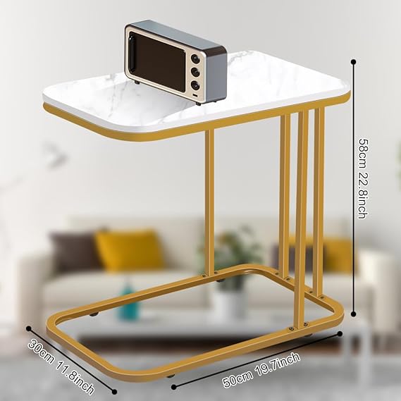 A Mesa Auxiliar Sofá, Mesa de Mármol Blanco de Doble Capa de Imitación, Adecuado para Mesas Auxiliares de Sofás en Salas de Estar y Dormitorios, Mesa de Sofá Impermeable con Estructura Metálica.
