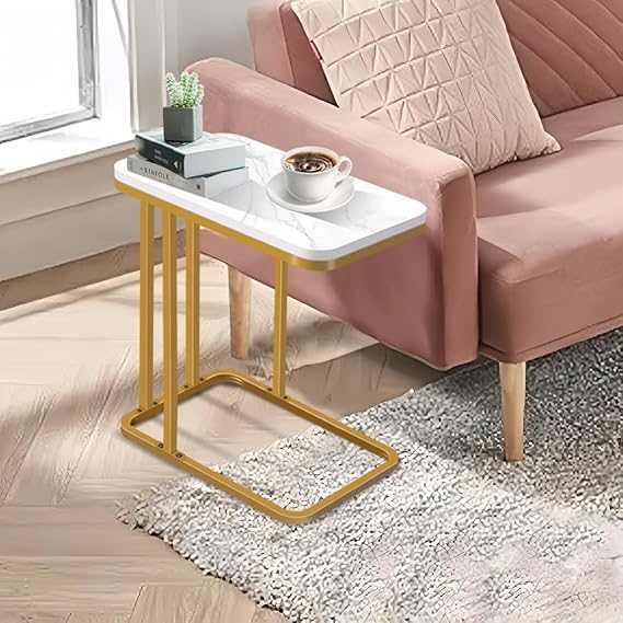 A Mesa Auxiliar Sofá, Mesa de Mármol Blanco de Doble Capa de Imitación, Adecuado para Mesas Auxiliares de Sofás en Salas de Estar y Dormitorios, Mesa de Sofá Impermeable con Estructura Metálica.