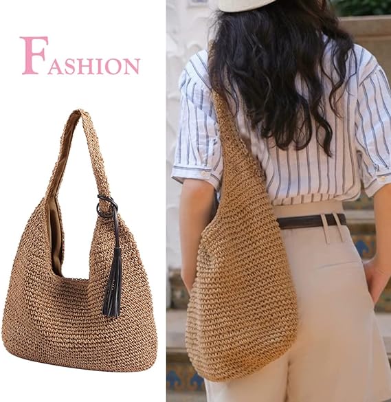 A Bolsa de paja de gran capacidad para verano, playa, bolsa de hombro para mujer, bolsa de mimbre para día festivo, viajes para mamás, regalo, Estilo B, Caqui, L