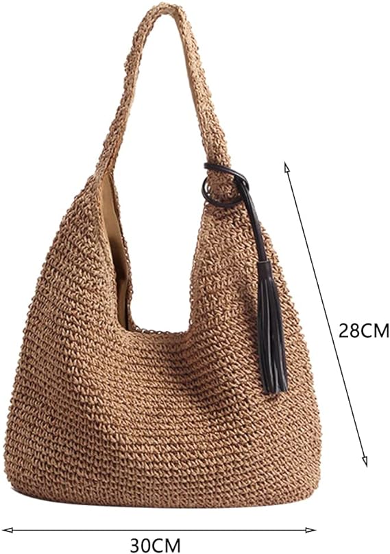 A Bolsa de paja de gran capacidad para verano, playa, bolsa de hombro para mujer, bolsa de mimbre para día festivo, viajes para mamás, regalo, Estilo B, Caqui, L
