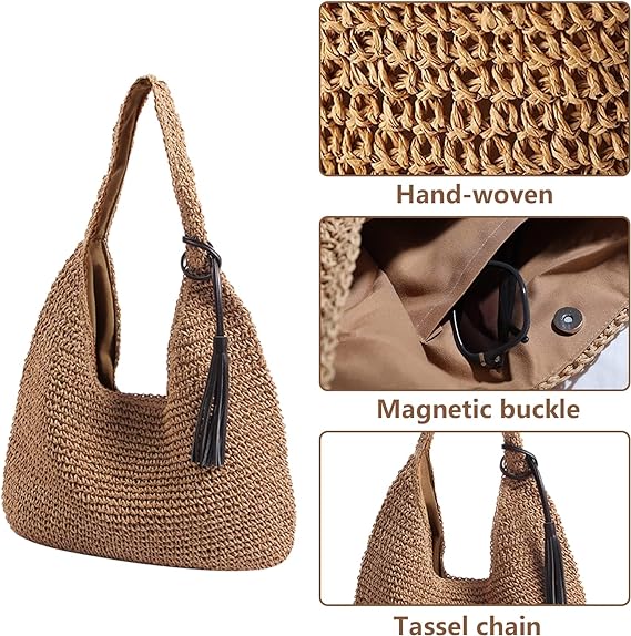 A Bolsa de paja de gran capacidad para verano, playa, bolsa de hombro para mujer, bolsa de mimbre para día festivo, viajes para mamás, regalo, Estilo B, Caqui, L