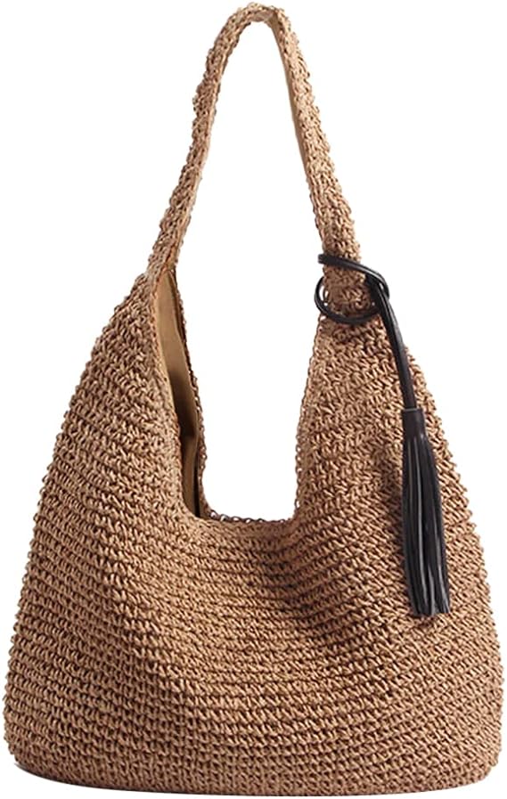 A Bolsa de paja de gran capacidad para verano, playa, bolsa de hombro para mujer, bolsa de mimbre para día festivo, viajes para mamás, regalo, Estilo B, Caqui, L
