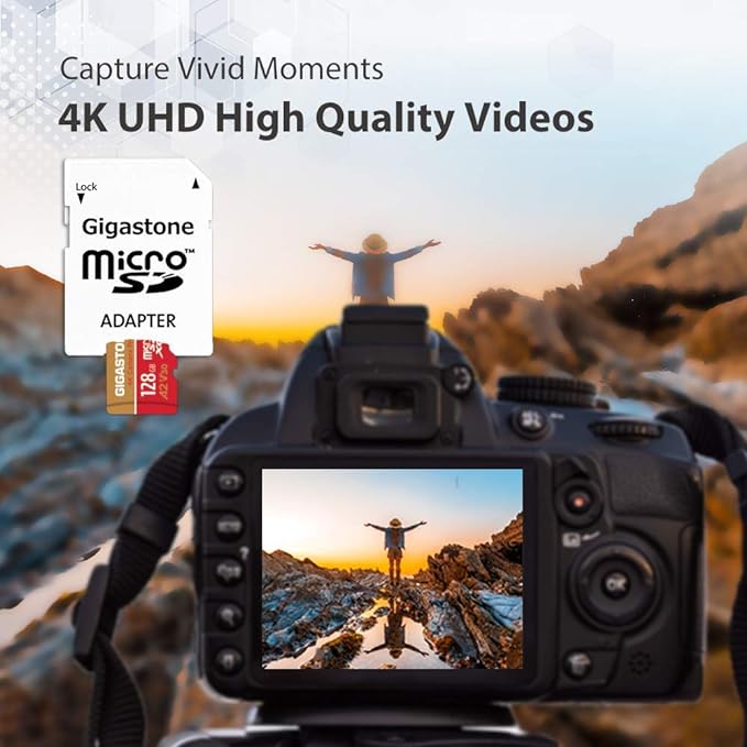 Gigastone - Tarjeta micro SD de 128 GB A1 V30 U3 C10 Clase 10 Tarjeta de memoria micro SDXC UHS-I con adaptador microSD a SD Cámara de vídeo 4K Ultra HD de alta velocidad Canon.