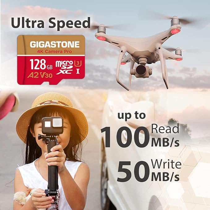 Gigastone - Tarjeta micro SD de 128 GB A1 V30 U3 C10 Clase 10 Tarjeta de memoria micro SDXC UHS-I con adaptador microSD a SD Cámara de vídeo 4K Ultra HD de alta velocidad Canon.