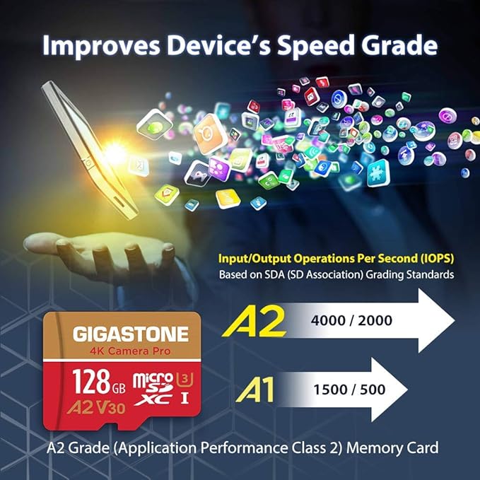 Gigastone - Tarjeta micro SD de 128 GB A1 V30 U3 C10 Clase 10 Tarjeta de memoria micro SDXC UHS-I con adaptador microSD a SD Cámara de vídeo 4K Ultra HD de alta velocidad Canon.