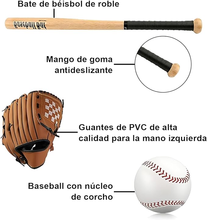 A Juego de Pelota de Béisbol, Bate de Béisbol + Guante + Béisbol, Baseball Bat Clásico Kit Béisbol de Entrenamiento Deporte Bate de Béisbol para Jóvenes Niños Adolescentes Adulto 32.6Pulgada.