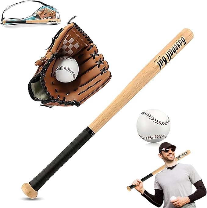 A Juego de Pelota de Béisbol, Bate de Béisbol + Guante + Béisbol, Baseball Bat Clásico Kit Béisbol de Entrenamiento Deporte Bate de Béisbol para Jóvenes Niños Adolescentes Adulto 32.6Pulgada.