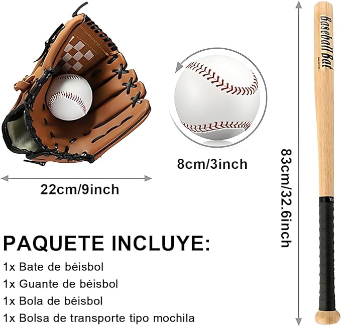 A Juego de Pelota de Béisbol, Bate de Béisbol + Guante + Béisbol, Baseball Bat Clásico Kit Béisbol de Entrenamiento Deporte Bate de Béisbol para Jóvenes Niños Adolescentes Adulto 32.6Pulgada.