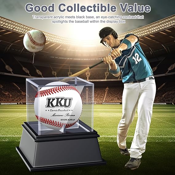 A KKU - Vitrina de béisbol de acrílico gruesa con elegante base negra, resistente al polvo con protección UV, estuche de béisbol transparente para pelotas firmadas.