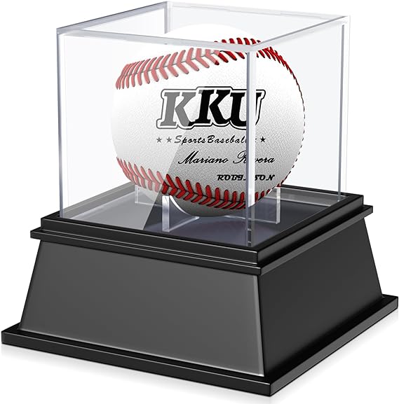 A KKU - Vitrina de béisbol de acrílico gruesa con elegante base negra, resistente al polvo con protección UV, estuche de béisbol transparente para pelotas firmadas.