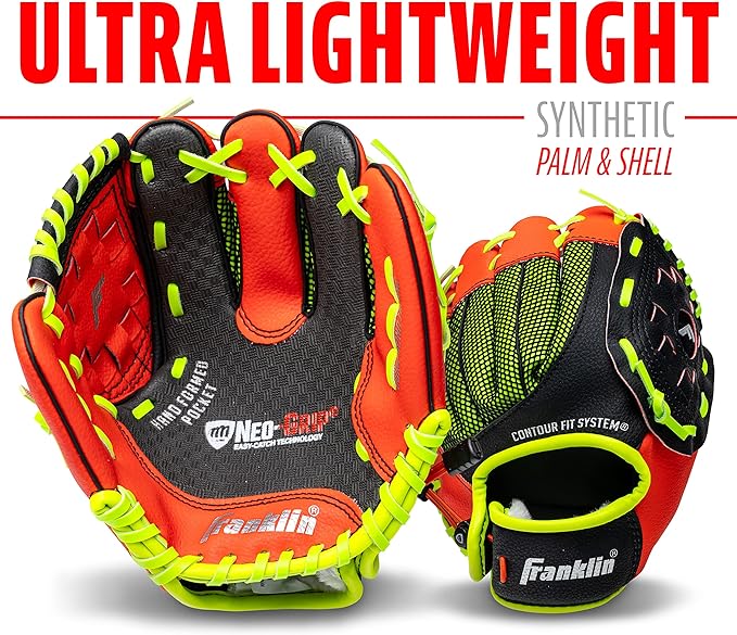 A Franklin Sports Teeball Glove - Left and Right Handed Youth Fielding Glove - Neo-Grip - Synthetic Leather Baseball Glove - 9.0 Inch - Ready To Play Glove with Ball.