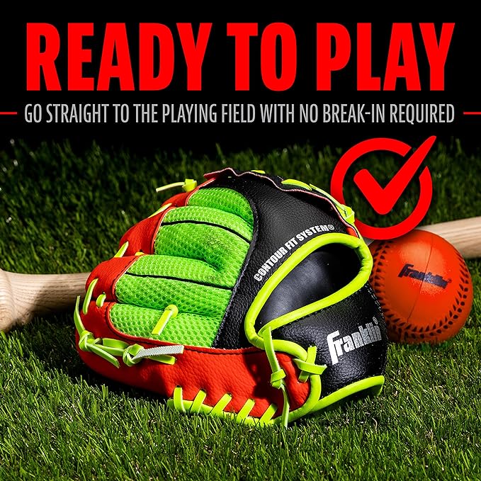 A Franklin Sports Teeball Glove - Left and Right Handed Youth Fielding Glove - Neo-Grip - Synthetic Leather Baseball Glove - 9.0 Inch - Ready To Play Glove with Ball.