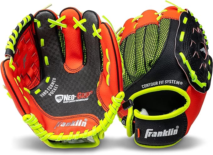 A Franklin Sports Teeball Glove - Left and Right Handed Youth Fielding Glove - Neo-Grip - Synthetic Leather Baseball Glove - 9.0 Inch - Ready To Play Glove with Ball.
