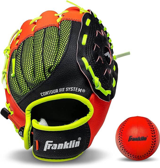 A Franklin Sports Teeball Glove - Left and Right Handed Youth Fielding Glove - Neo-Grip - Synthetic Leather Baseball Glove - 9.0 Inch - Ready To Play Glove with Ball.