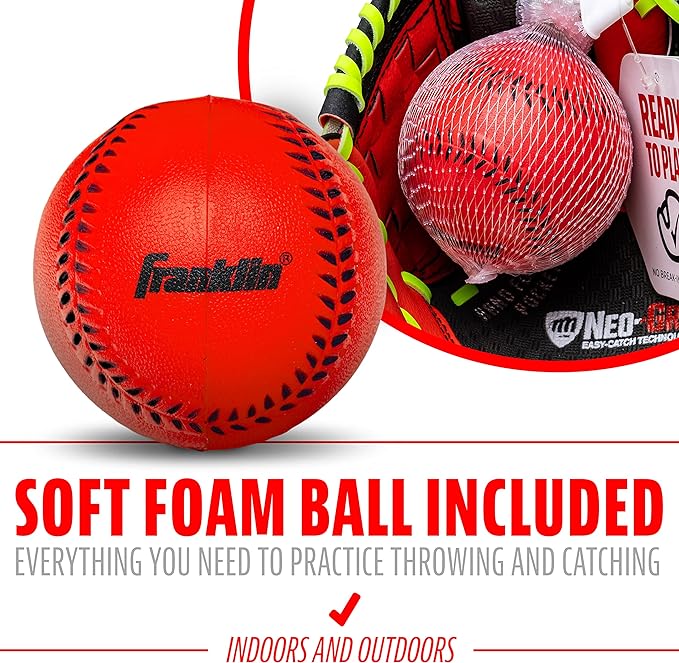 A Franklin Sports Teeball Glove - Left and Right Handed Youth Fielding Glove - Neo-Grip - Synthetic Leather Baseball Glove - 9.0 Inch - Ready To Play Glove with Ball.