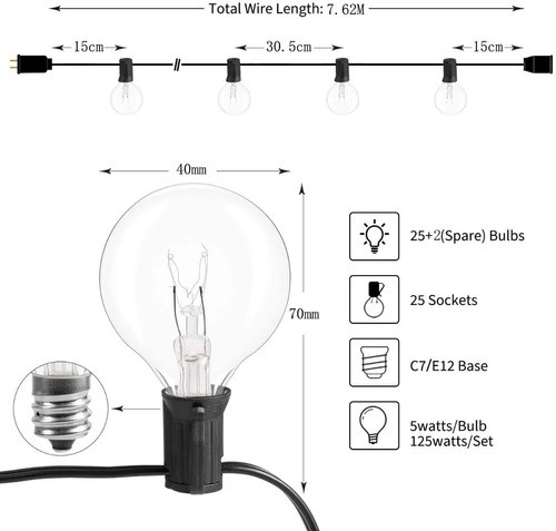 Guirnalda De Luces 25+2 Focos Exterior Vintage Impermeable