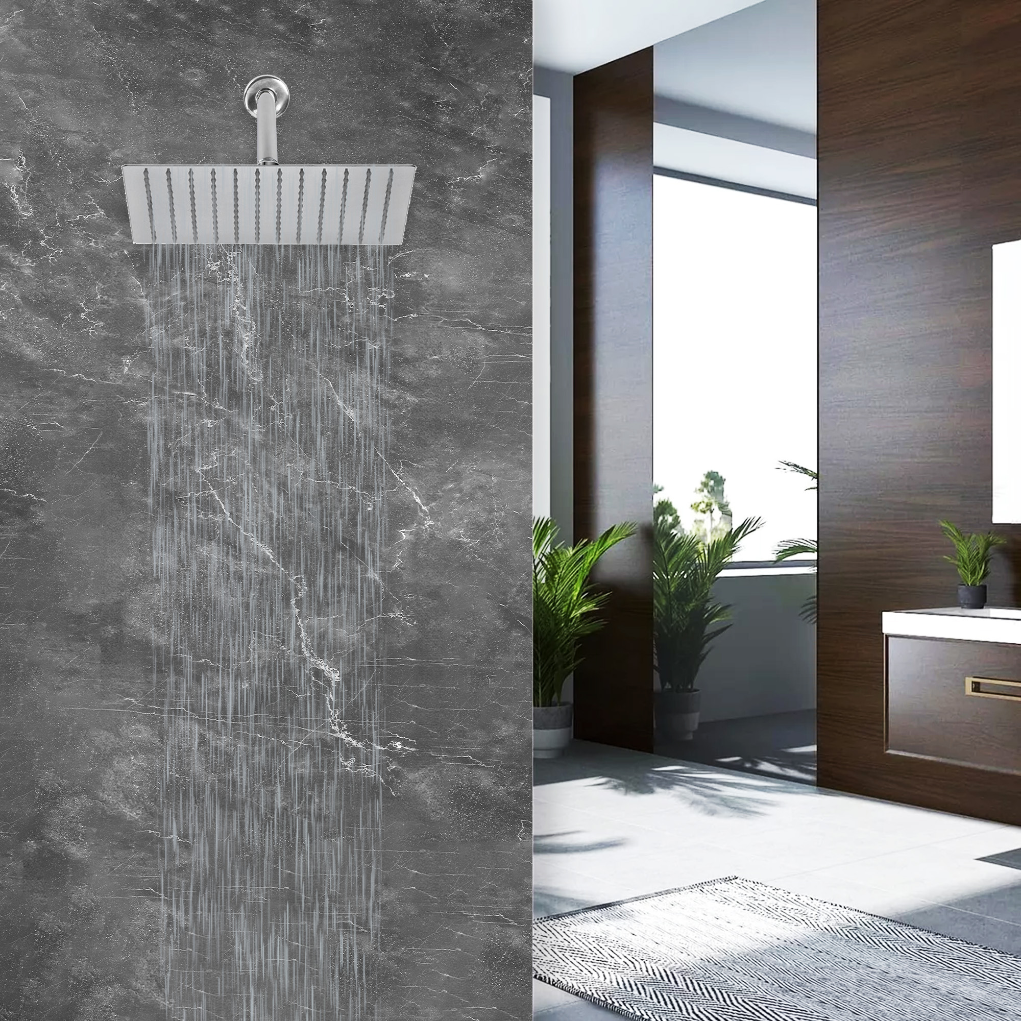 MEER Faucets  by CNX | Regadera Cuadrada de 20 cm, Cabezal de Ducha de Acero Inoxidable Satinado. Multiposición, Anti-Sarro y Funciona con Presión Baja.
