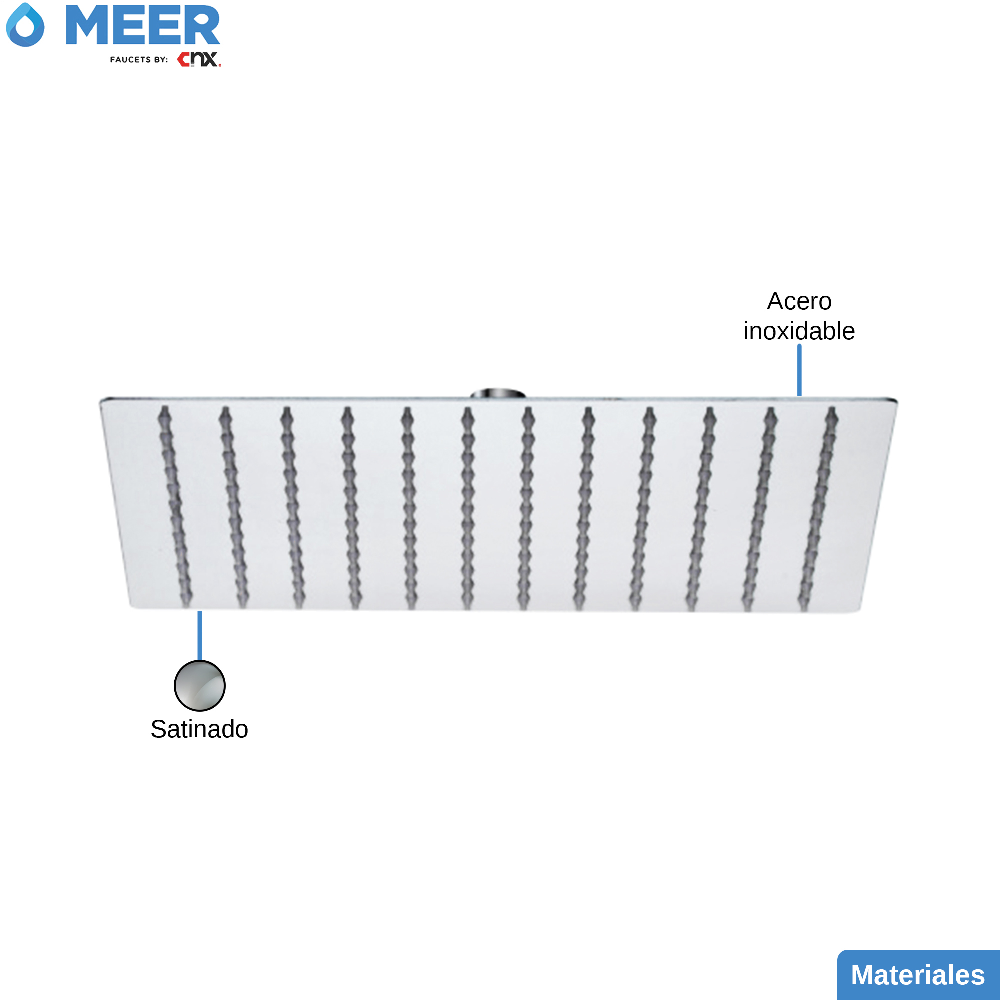 MEER Faucets  by CNX | Regadera Cuadrada de 20 cm, Cabezal de Ducha de Acero Inoxidable Satinado. Multiposición, Anti-Sarro y Funciona con Presión Baja.