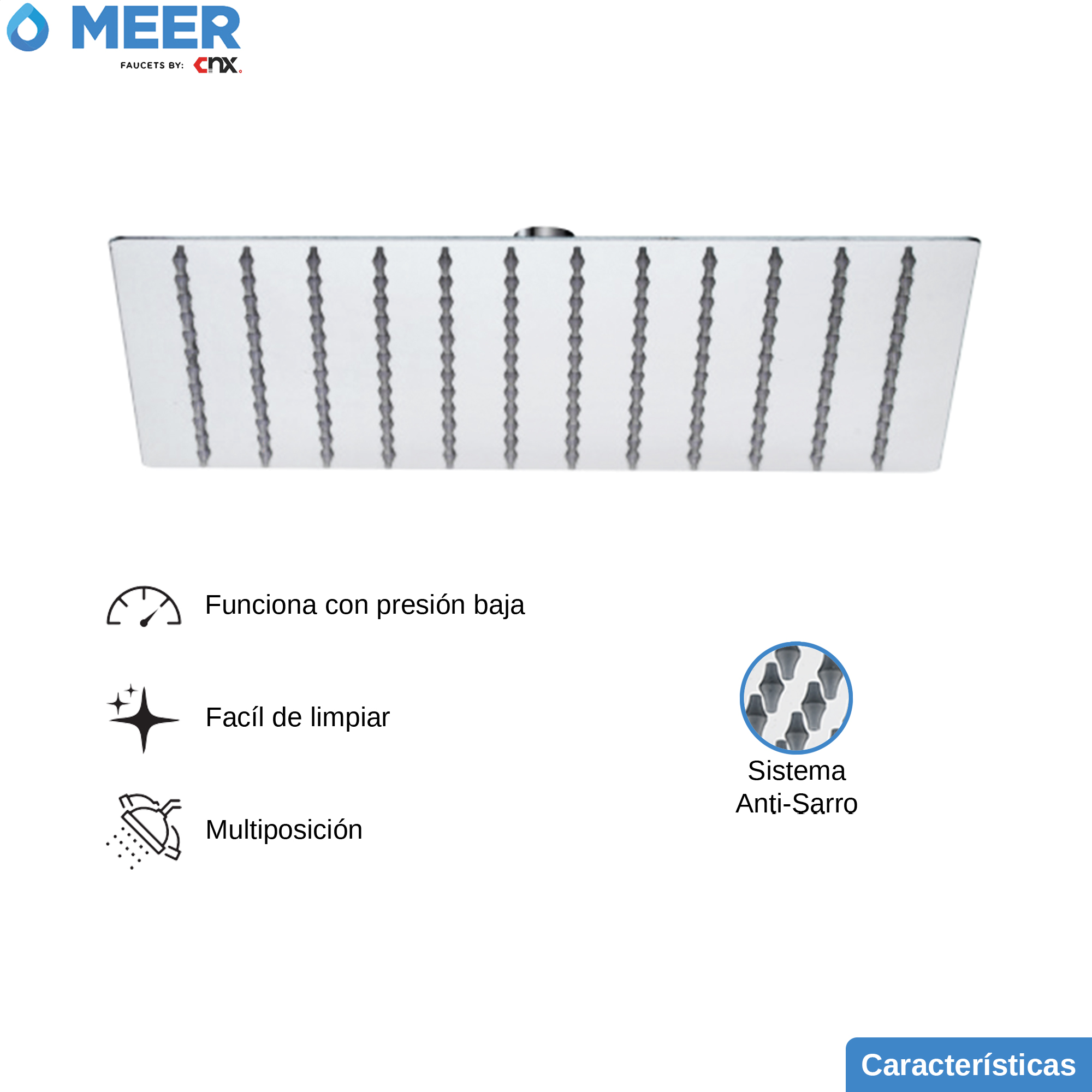 MEER Faucets  by CNX | Regadera Cuadrada de 20 cm, Cabezal de Ducha de Acero Inoxidable Satinado. Multiposición, Anti-Sarro y Funciona con Presión Baja.