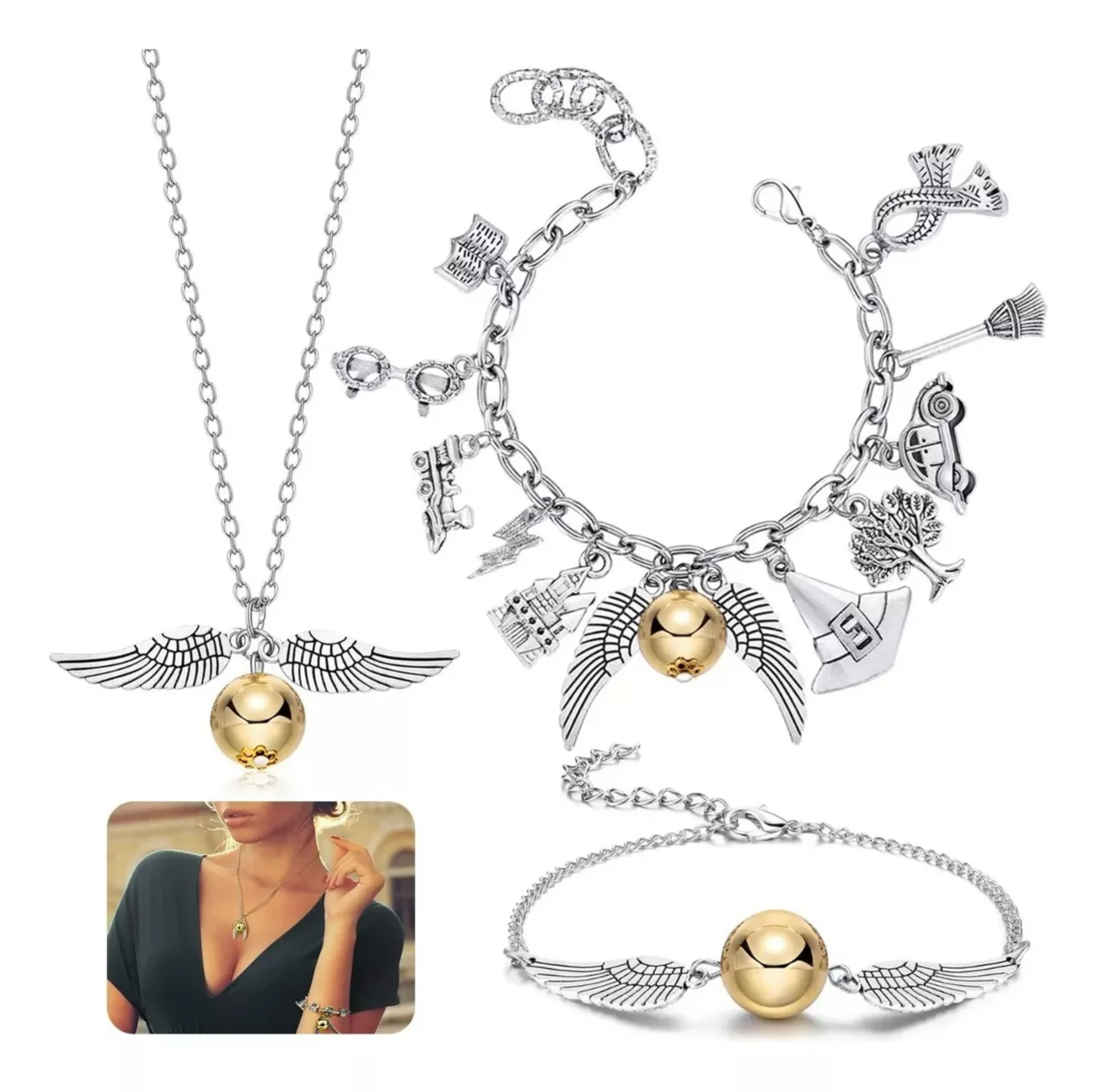 Juego De 3pzs De Joyas De Harry Potter Collar+pulsera Snitch.