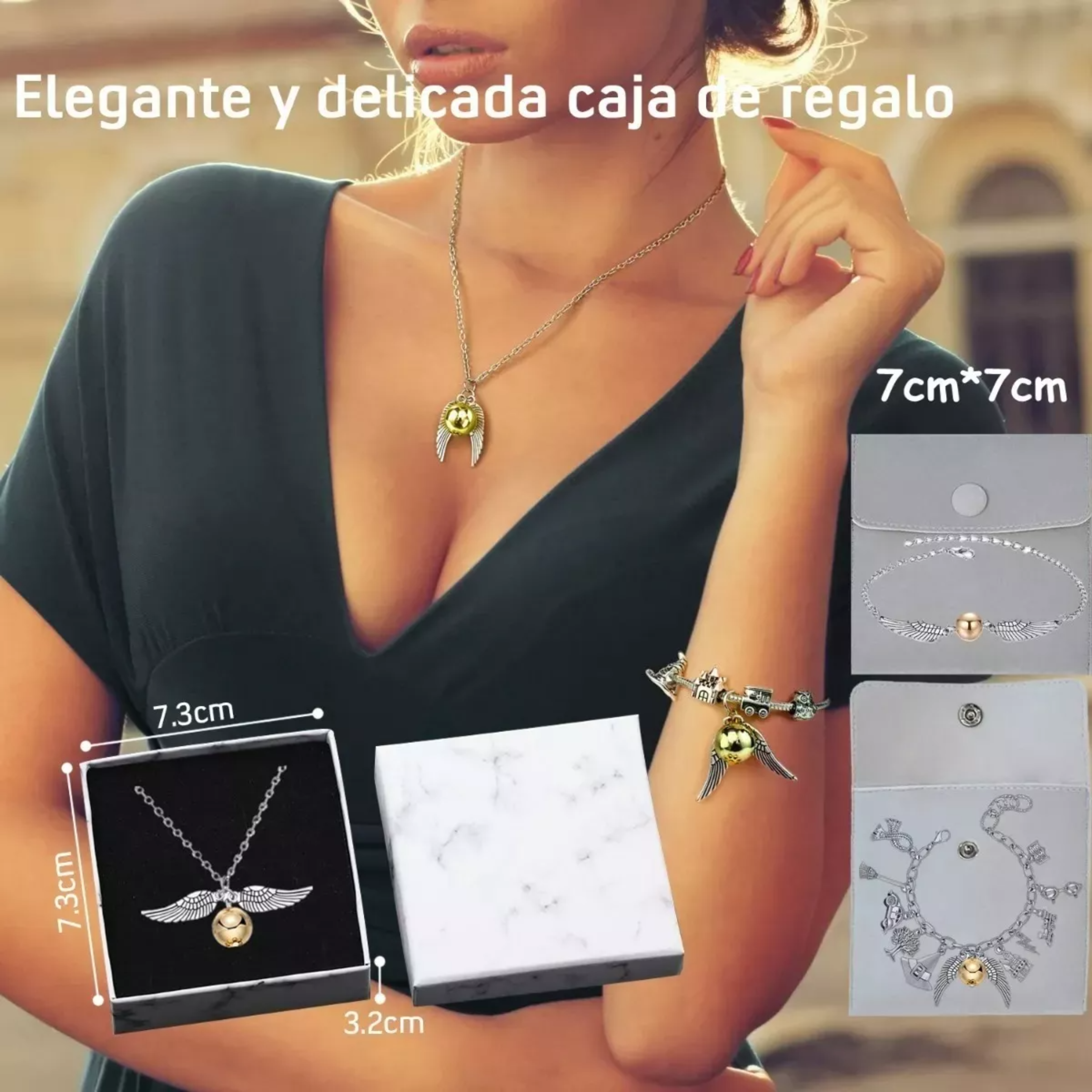 Juego De 3pzs De Joyas De Harry Potter Collar+pulsera Snitch.