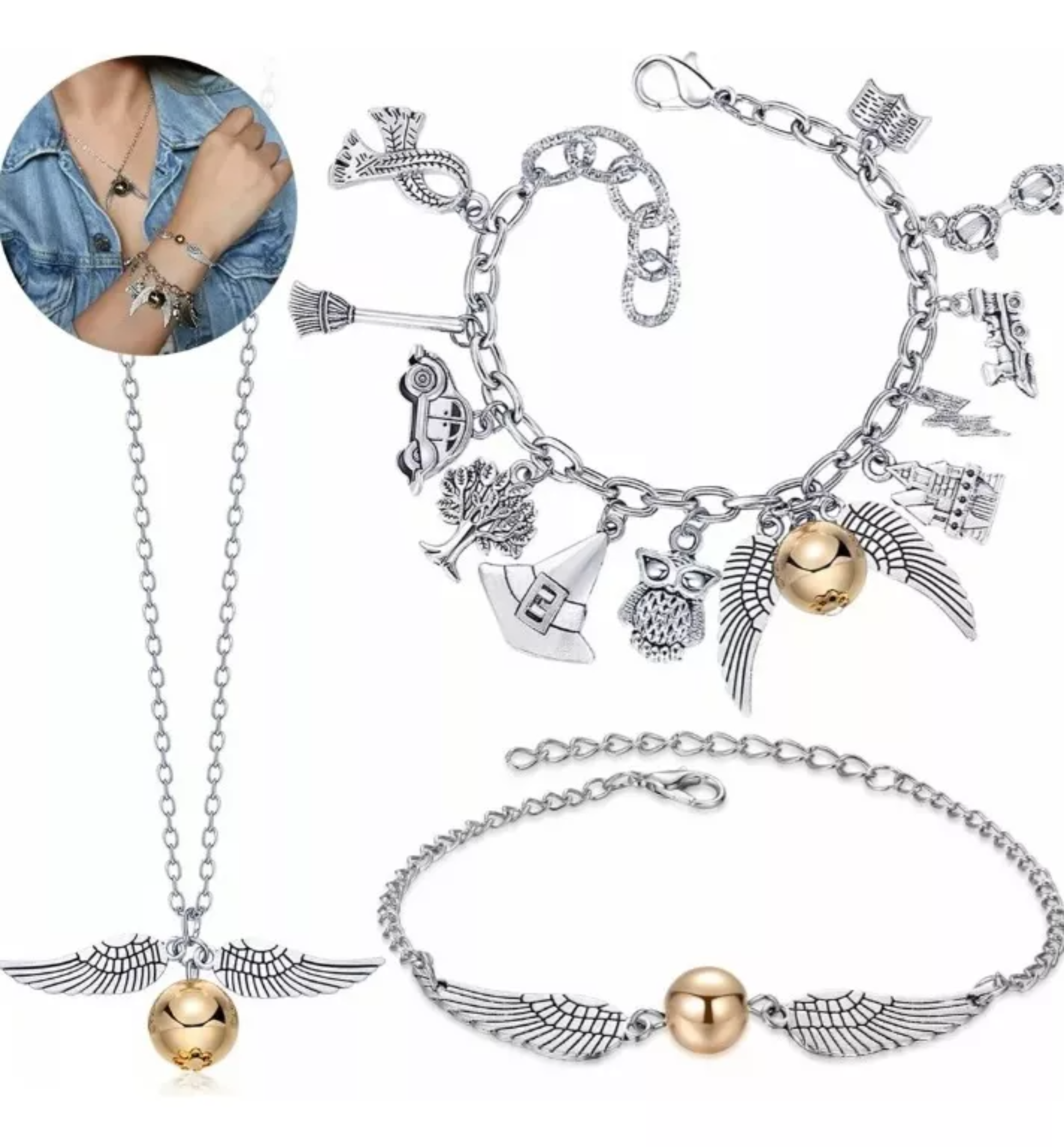 Juego De 3pzs De Joyas De Harry Potter Collar+pulsera Snitch.
