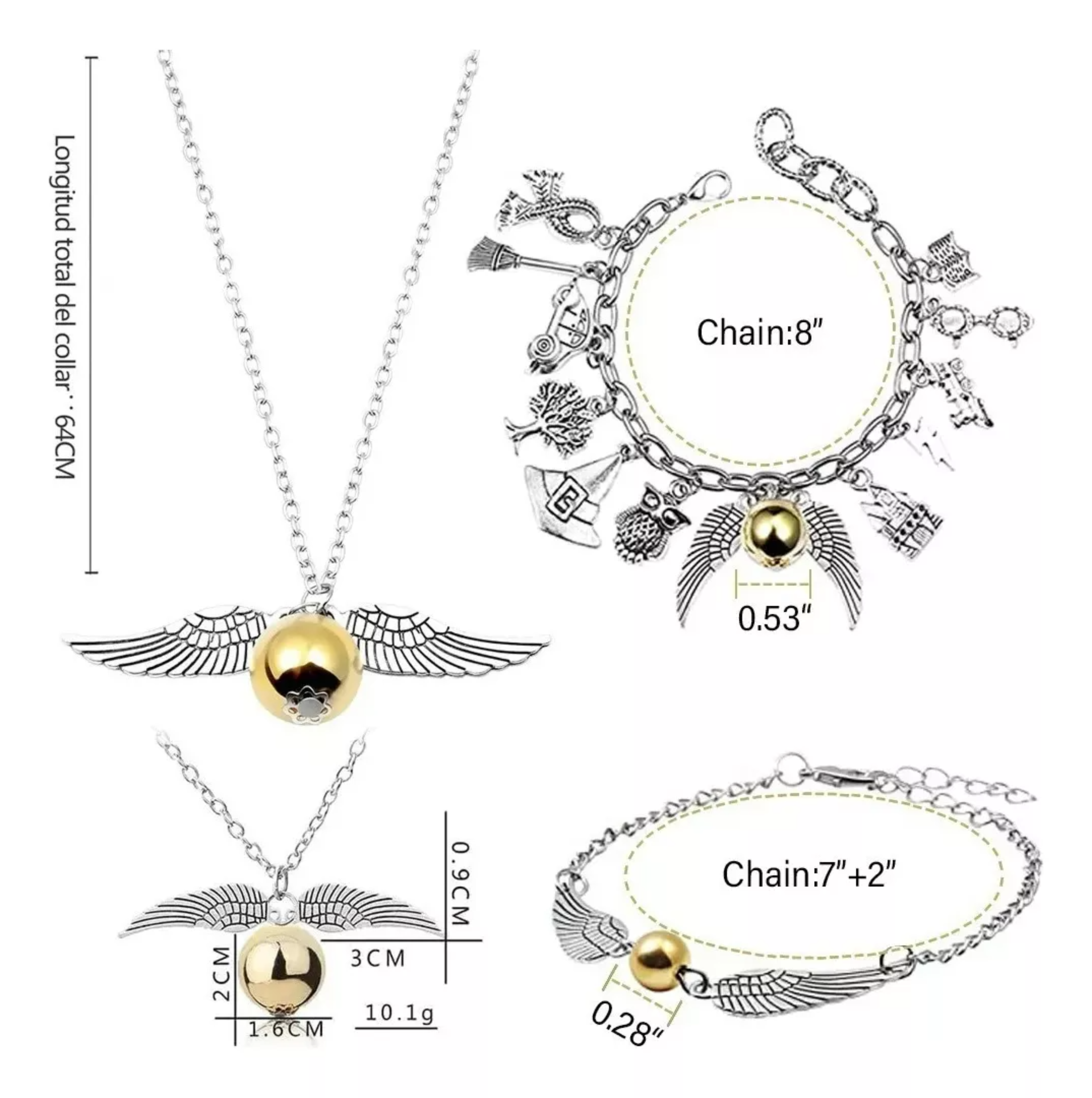 Juego De 3pzs De Joyas De Harry Potter Collar+pulsera Snitch.