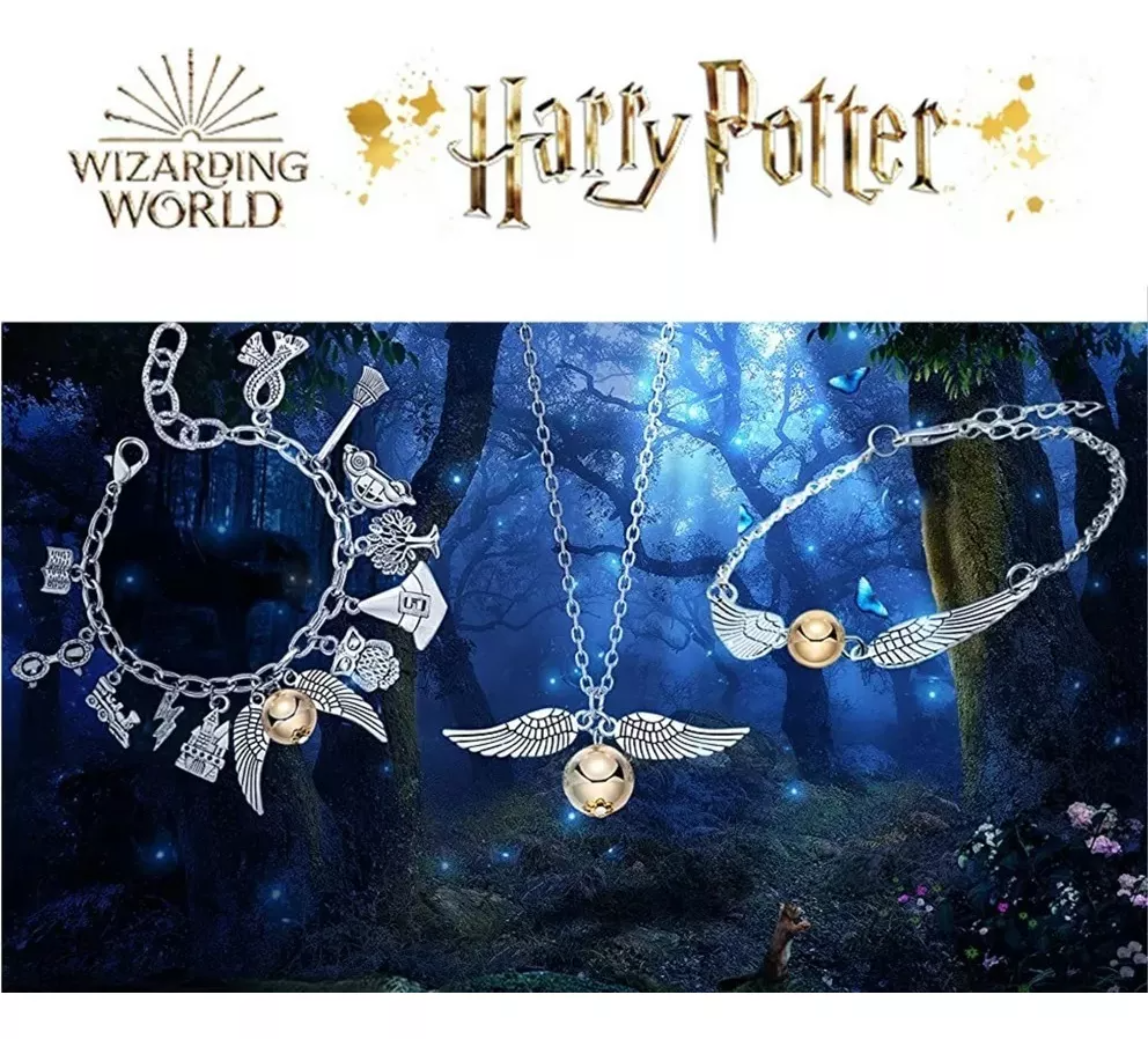 Juego De 3pzs De Joyas De Harry Potter Collar+pulsera Snitch.