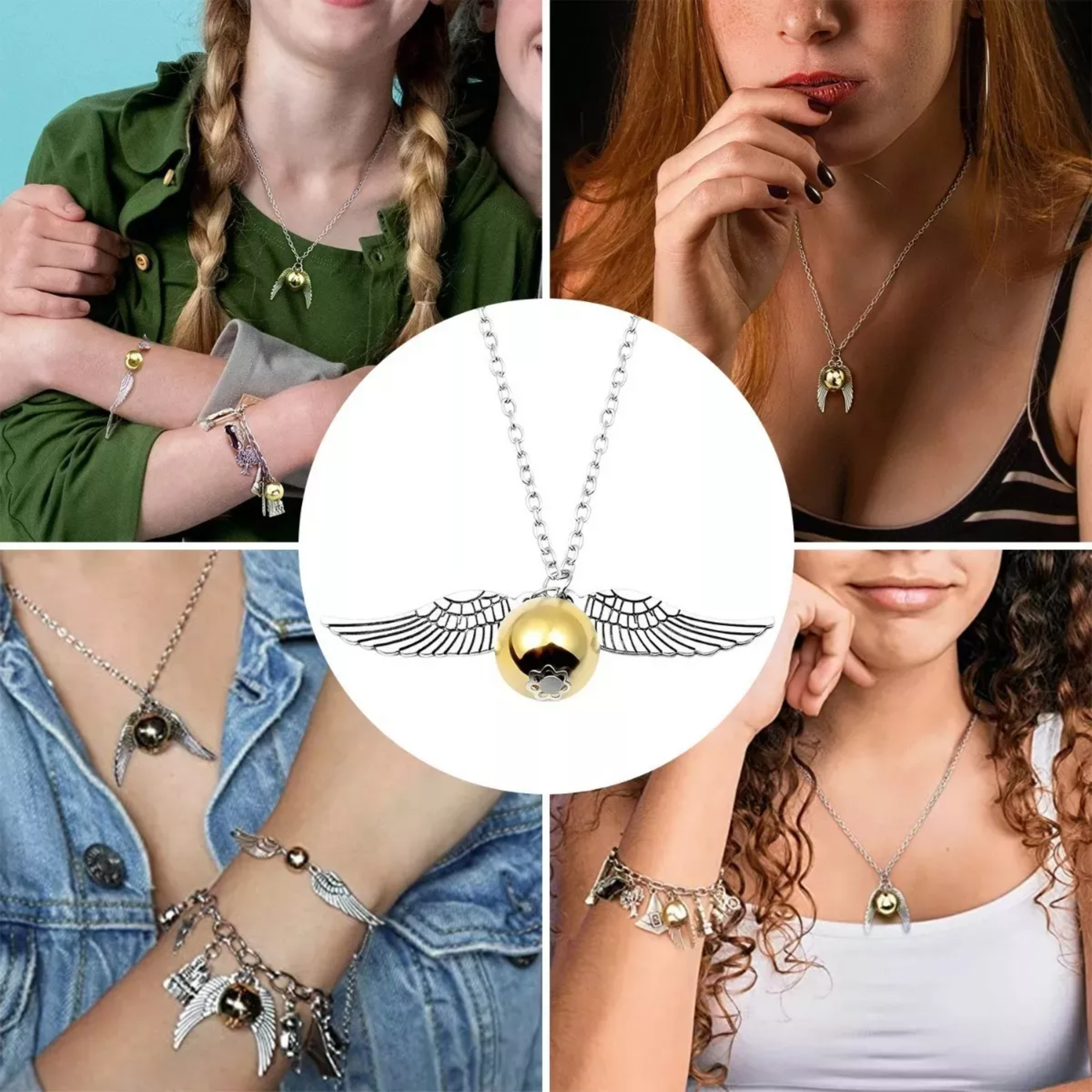 Juego De 3pzs De Joyas De Harry Potter Collar+pulsera Snitch.