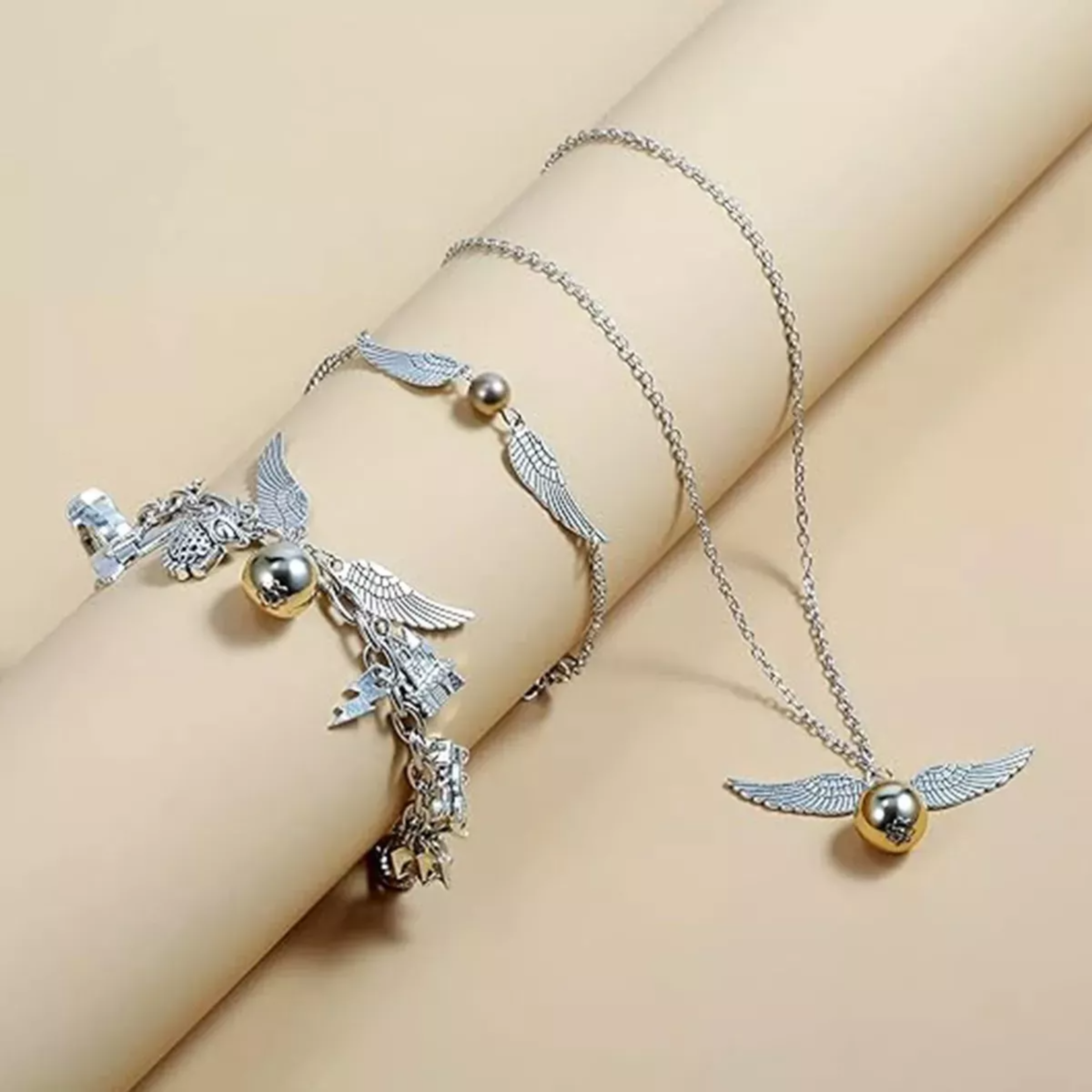 Juego De 3pzs De Joyas De Harry Potter Collar+pulsera Snitch.