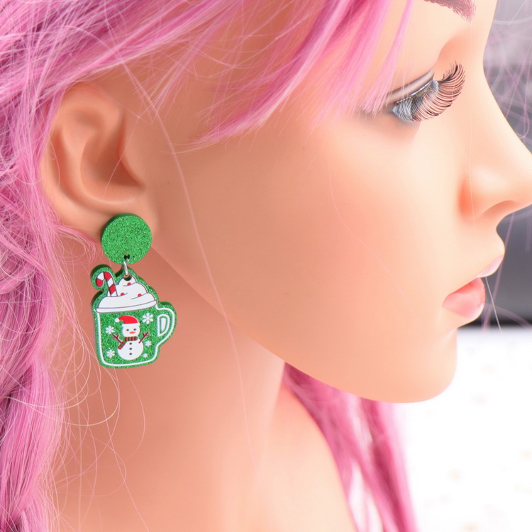 Aretes Pendientes Taza Verde Nieve Navidad Acrílicos Resina Hombre Mujer Joyería