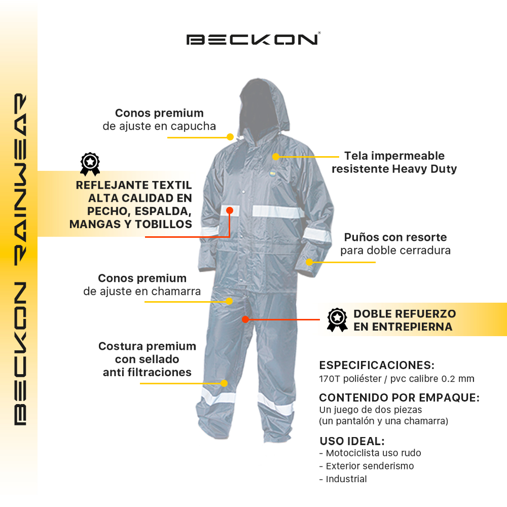 Impermeable para lluvia Senderismo Montaña Uso Rudo + Reflejantes Beckon.