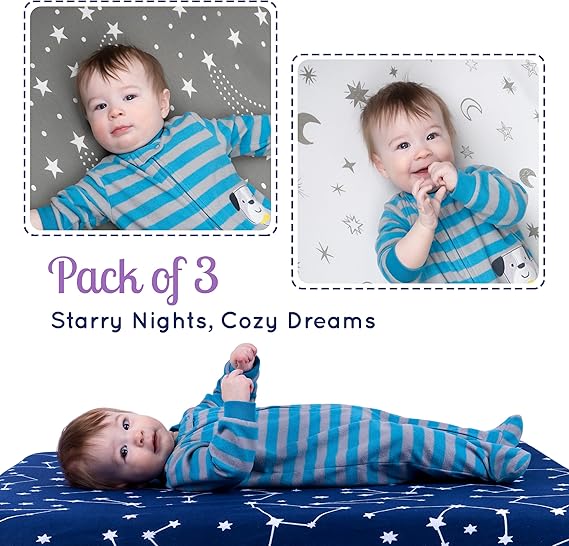 A GROW WILD - Juego de 3 sábanas bajeras para cuna para niños o niñas, juego de ropa de cama suave y juego de cama, sábanas bajeras de moisés de alta calidad, color azul, blanco y gris estrellas.