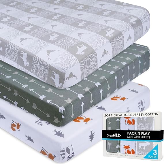 A GROW WILD Pack n Play Sábanas de 3 unidades, mini sábanas para cuna de bebé para niños o niñas, paquete suave y juego de cama de colchón y cuna | Sábanas ajustables de algodón para cuna de Playard.