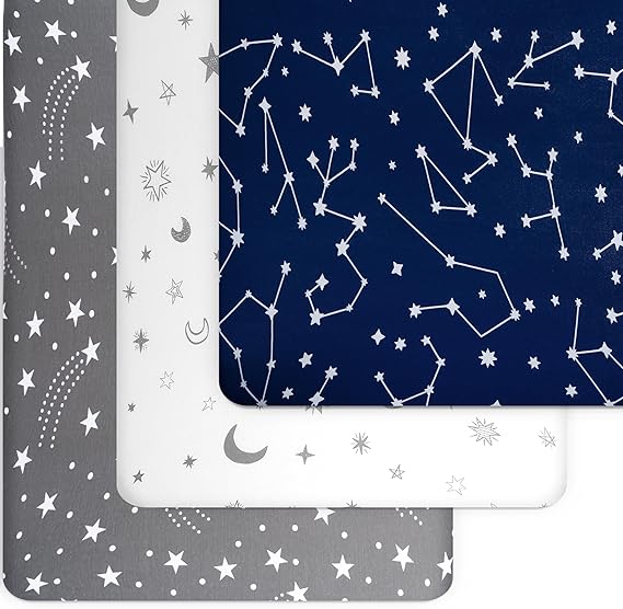 A GROW WILD - Juego de 3 sábanas bajeras para cuna para niños o niñas, juego de ropa de cama suave y juego de cama, sábanas bajeras de moisés de alta calidad, color azul, blanco y gris estrellas.