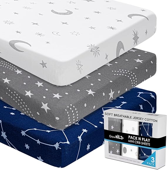 A GROW WILD - Juego de 3 sábanas bajeras para cuna para niños o niñas, juego de ropa de cama suave y juego de cama, sábanas bajeras de moisés de alta calidad, color azul, blanco y gris estrellas.