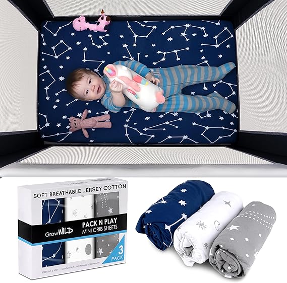 A GROW WILD - Juego de 3 sábanas bajeras para cuna para niños o niñas, juego de ropa de cama suave y juego de cama, sábanas bajeras de moisés de alta calidad, color azul, blanco y gris estrellas.