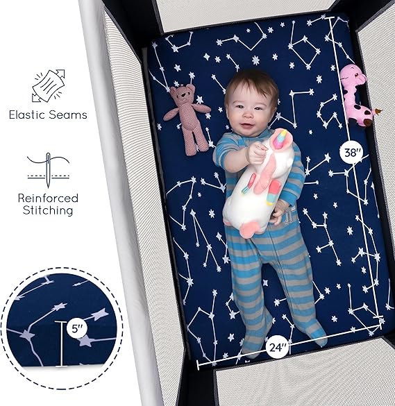 A GROW WILD - Juego de 3 sábanas bajeras para cuna para niños o niñas, juego de ropa de cama suave y juego de cama, sábanas bajeras de moisés de alta calidad, color azul, blanco y gris estrellas.