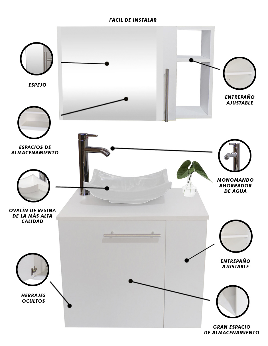 Combo De Gabinete Para Baño 07 Derecho Con Lavamanos Y Monomando + Botiquin Con Espejo