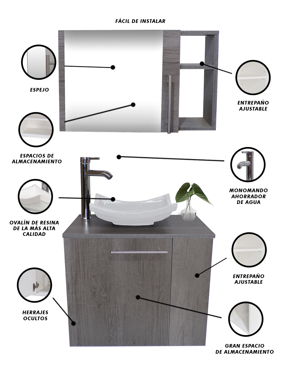 Combo De Gabinete Para Baño 07 Derecho Con Lavamanos Y Monomando + Botiquin Con Espejo